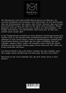 Oben ein Logo mit "MANUEL GARCIA". Darunter Text über Männer, Dunkelheit, Gewalt und Rettung. Unten Barcodes.