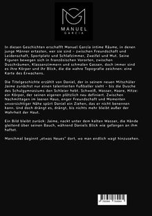 Schwarzer Hintergrund, weißer Text. Oben zentriert ein Logo mit "MANUEL GARCIA". Text beschreibt intime Geschichten. Barcodes unten.