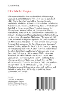 Text: Ernst Probst, Der falsche Prophet. 
Über das Leben von Bernhard Müller und seine Reisen. 
Barcode unten rechts.