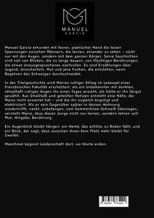 Text im oberen Bereich: "MANUEL GARCIA". Der Text beschreibt subtile Spannungen, Blicke, Berührungen und Leidenschaft.