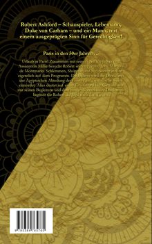 Text beschreibt eine Geschichte über Robert Ashford in Paris in den 50er Jahren, ein Kriminalfall im Louvre. Hintergrund: geometrische Muster.