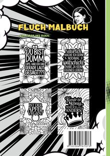 "Fluch Malbuch" steht oben. Es gibt vier Textfelder mit sarkastischen Sprüchen, umgeben von floralen Mustern.