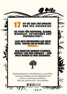 "17 ist die Zahl der Sprache und des Ausdrucks... Verweile." Illustration: stilisierter Baum und Blätterrahmen.