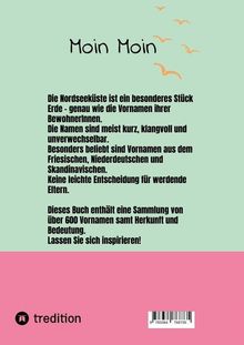 "Moin Moin" steht oben. Text beschreibt die Nordseeküste und Vornamen. Unten ein rosa Abschnitt mit dem "tredition" Logo.