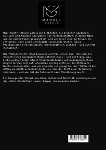 Logo: Ein stilisiertes "MG" und der Name "Manuel García".  
Text beschreibt eine Geschichte über Liebe, Kultur und Identität.