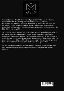 Oben: "Manuel García" Logo. Text beschreibt Freundschaften, unerfüllte Sehnsüchte und Emotionen. Unten: ISBN-Code.