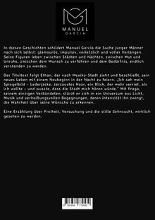 Texte: Suche junger Männer, glamourös, impulsiv, verletzlich, Verlangen.  

Logo oben: "MG MANUEL GARCIA".   

Erzählung über Freiheit und Sehnsucht.  