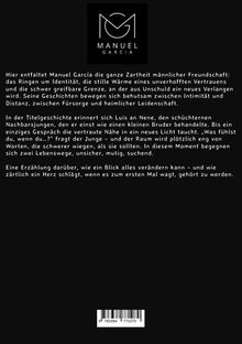 MANUEL GARCIA Logo: Zwei stilisierte Buchstaben “M” und “G”. Texte beschreiben zarte Männlichkeits-Freundschaft.