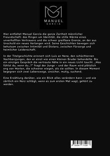 Logo mit stilisierten Buchstaben "MG". Schwarzer Hintergrund, weißer Text über männliche Freundschaft und Veränderung.