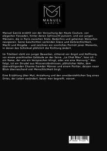 Logo mit stilisiertem "MG" und "MANUEL GARCIA". Darunter Text über Haute Couture und eine packende Erzählung von Mut und Anziehung.