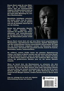 Text über die Gefahren der KI und globale Digitalisierung; Schwarz-Weiß-Foto eines Mannes mit Brille, nachdenklich.