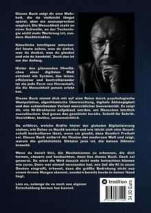 Text erklärt KI als neue Herrschaftsform. Foto einer nachdenklichen Person rechts. Tresline auf Buchhandelskarton.