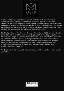 Ein Text beschreibt Manuel Garcías Erzählungen über Macht, Verführung und Geheimnisse. Oben ein stilisiertes Logo mit "Manuel García".