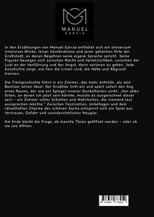 Oberes Logo: "MANUEL GARCIA". Darunter Text über Erzählungen, Verführung, Angst, Faszination, Gefahr und Neugier geschrieben.