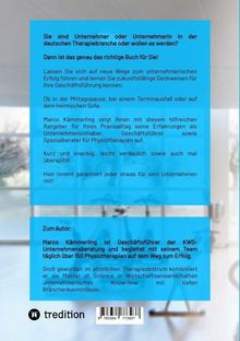 Blauer Textblock: Informationen über ein Buch für Unternehmer in der Therapiebranche. Unten: Autorenbeschreibung. Logo: tredition.