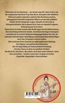 Ein Text beschreibt Elternsein als ungeplanten Survival-Trip, lobt ein humorvolles Buch gegen Perfektionismus. Illustration: Frau mit Baby und Einkaufstasche, rot durchgestrichen.