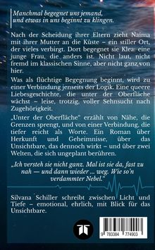 Ein Zitat über Begegnung und Klang. Klappentext eines Romans über Naima und Klea. Logo unten. Hintergrund zeigt Wasser.