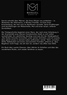 Oben ist ein Logo mit "Manuel García". Darunter Text über Männer, die ihren Körper neu entdecken. Es geht um Melancholie, Mut und Sinnlichkeit. Eine Geschichte handelt von einem Mann, der nach einer Scheidung zurück zu sich findet. Ein Buch über zweite Chancen und das Risiko, sich wieder berühren zu lassen.