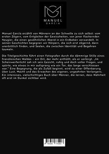 Text über Manuel García, der von Männern und ihren inneren Kämpfen berichtet. Oben zentriertes Logo: ein stilisiertes MG.