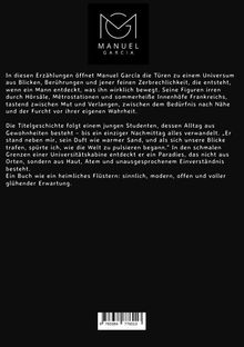 Logo "Manuel Garcia". Text über Erzählungen und Sinnlichkeit. Geschichte eines Studenten, der ein persönliches Paradies entdeckt.
