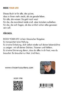 ROCK YOUR LIFE! Förderung von Stärken und Träumen. Website: www.vincent-courtens.com. QR-Code und Foto eines Mannes.