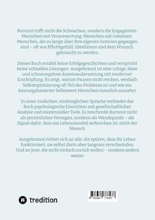 Texte beschreiben Burnout als Problem der Engagierten, offerieren keine schnellen Lösungen und thematisieren innere Leere. Unten links ein Logo: "tredition".