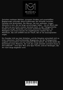 Oben ein Logo mit den Buchstaben "M G", darunter "MANUEL GARCIA". Der Text beschreibt nächtliche Abenteuer und Begegnungen.