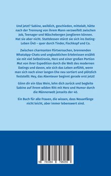 Ein beschreibender Text über Sabines Dating-Erfahrungen nach der Scheidung, mit Humor und Herz erzählt. Darunter ein Barcode.
