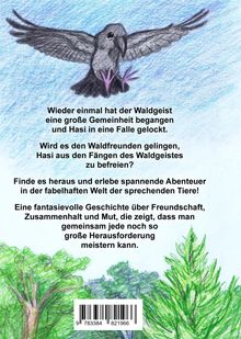 Text beschreibt ein fesselndes Abenteuer in einer Welt sprechender Tiere. Oben eine fliegende Krähe, unten grüne Bäume.