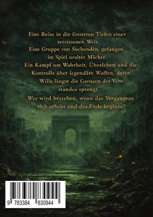 Text über eine dunkle, zerrissene Welt und einen Kampf um Wahrheit. Darunter eine düstere Illustration von Ruinen.