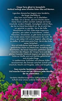 Text über einer Küstenlandschaft mit rosa Blüten: Einführung in eine Geschichte über Vendetta, Macht und Vergeltung.