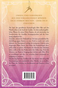 Oben: „Unheil und Verhängnis aus der Vergangenheit können dich stärker machen – oder dich zerstören.“ Text erzählt von Riki, Ramiro, einem gestohlenen Artefakt und intriganten Plänen. Visuelle Elemente sind dekorative Muster und eine Akrobatik-Silhouette.