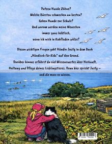 Text über Fragen zu Hunden, mit Illustration eines Mädchens, das einen Hund an einem See umarmt.