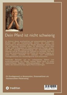 Titel: "Dein Pferd ist nicht schwierig". Beschreibung zum traumasensiblen Pferdetraining. Foto einer lächelnden Frau oben links.