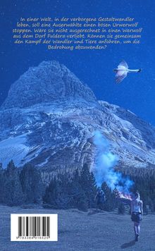 Ein Text beschreibt eine Auserwählte, die einen Urwerwolf stoppen soll, während sie in einen Werwolf verliebt ist. Im Hintergrund Berge, ein Wald, eine Frau geht auf jemanden zu.