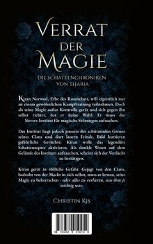Titel: "Verrat der Magie". Untertitel: "Die Schattenchroniken von Tharia". Autor: Christin Kis. Hintergrund mit Rosen.