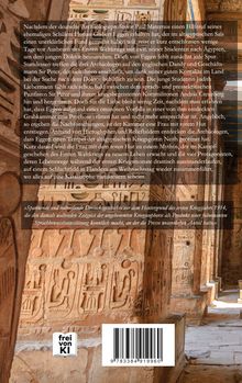 Text beschreibt eine abenteuerliche Archäologiereise im Jahr 1914, inklusive mysteriöser Entdeckungen und einem emotionalen Dreiecksverhältnis.