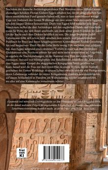 Text auf dunklem Hintergrund: Professor Paul Maternus reist nach Ägypten. Spur von Eggen fehlt. Frau mit rotem Hut verschwindet. Der Text schwebt vor einer alten mit Hieroglyphen verzierten Steinmauer.