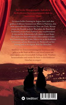 Roter Text oben: "Tod in der Mittag..." Schwarze Katzen mit gelben Augen sitzen auf einer Mauer mit Stadt im Hintergrund.