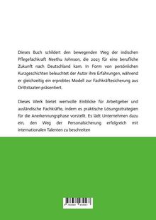 Text über den beruflichen Weg der Pflegekraft Neethu Johnson nach Deutschland, mit Einblicken für Arbeitgeber. Unten Barcode.