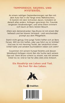 "Temporeich, skurril und mysteriös. Ein Roadtrip um Leben und Tod. Ein Fest für das Leben." Illustration: Zwei Vögel auf einer Linie.