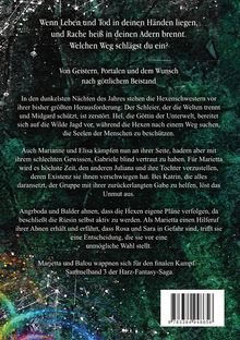 Text über Leben, Tod, Rache und göttlichen Beistand; eine Fantasy-Geschichte über Hexenschwestern und einen finalen Kampf. Farbiger, mystischer Hintergrund.