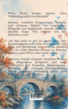 Text über Demenz und Kommunikation, Illustration eines Flusses und einer Steinbrücke, umgeben von herbstlichem Laub.