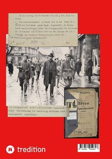 Ein Dokument über einen militärischen Prozess, ein Foto von Soldaten und eine Akte. Hintergrund in rot gehalten.