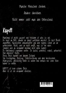 Text in weißer Schrift auf schwarzem Hintergrund beschreibt Erschöpfung und den Zustand innerer Leere. Unten ein Barcode.