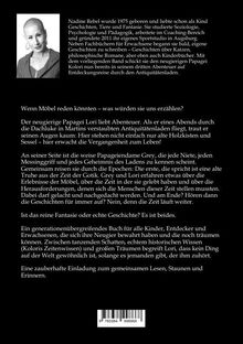 Über dem Text steht eine Kurzbiografie von Nadine Rebel. Unten: "Wenn Möbel reden könnten – was würden sie uns erzählen?" Der Text beschreibt ein Buch über Abenteuer, Geschichte und Fantasie mit einem Papagei.