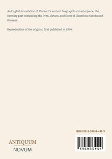 Text über Plutarchs Biografieübersetzung. Unten: "ANTIQUM NOVUM" und eine ISBN mit Barcode rechts.