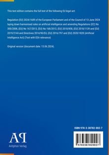 Text zur EU-Verordnung über KI vom 13. Juni 2024. Oben blaue Farbe, unten ISBN und ein Barcode. Links Logo: Antiphon Verlag.