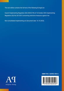 EU-Verordnungstext zu Maßnahmen gegen den Iran. Blaues Cover mit Verlag "Antiphon" und Barcode unten rechts.