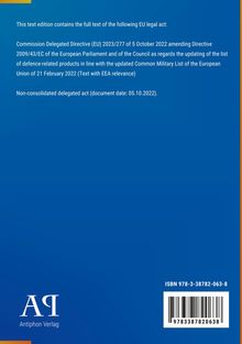 EU-Rechtsakt: Delegierte Richtlinie (EU) 2023/277 vom 5. Oktober 2022, ergänzt 2009/43/EG. Antiphon Verlag Logo.